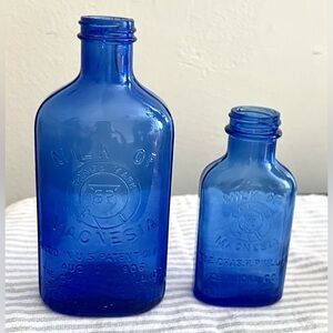 Vintage Cobalt Blue Glass Bottles (2) Genuine Phillips Milk of Magnesia, 5”& 7”T